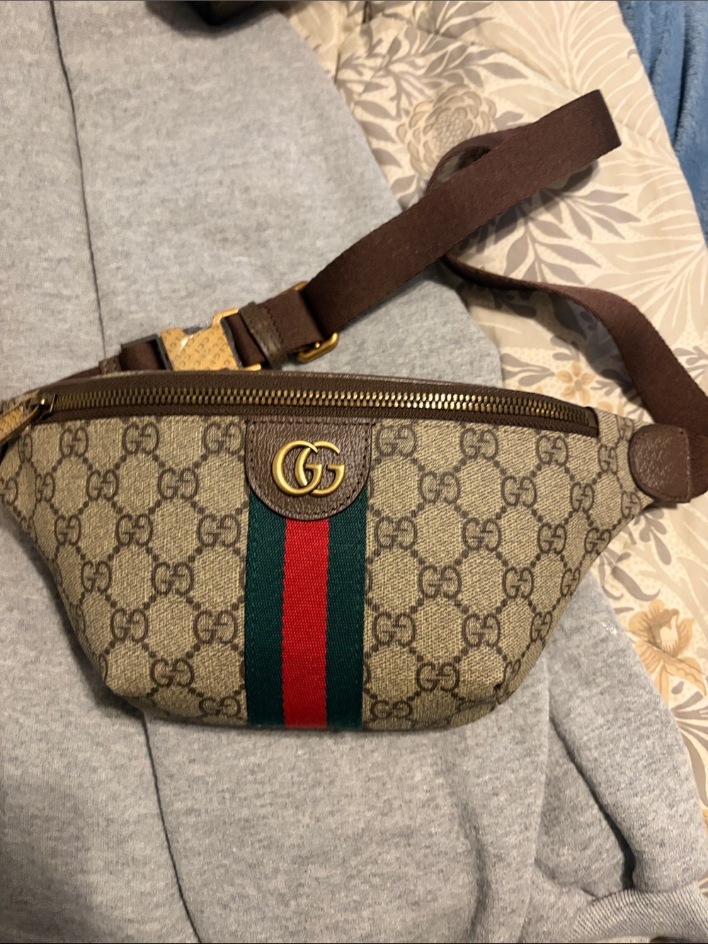 Gucci Beige GG Supreme Canvas Belt Bag with Green-Red Web